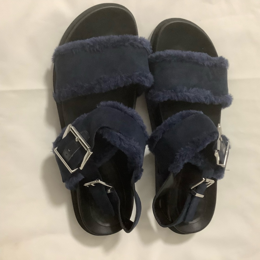 AEROSOLES Navy Blue Fuzzy Sandals